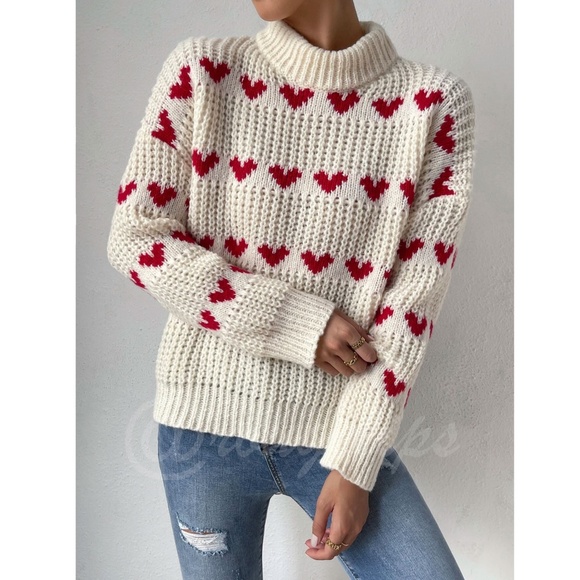 Hearts Print Red on Beige Knit Pullover Sweater Long Sleeve - Picture 6 of 16